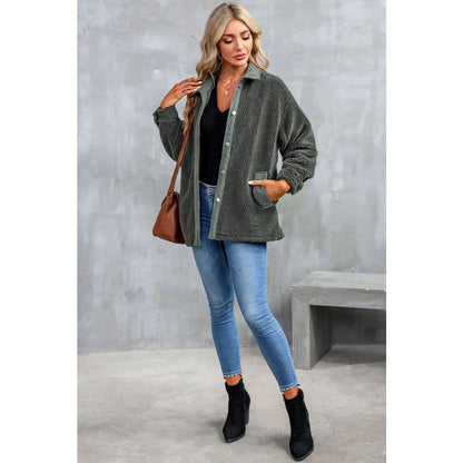 Gray Corduroy Trim Elbow Patch Sherpa Jacket | Fashionfitz