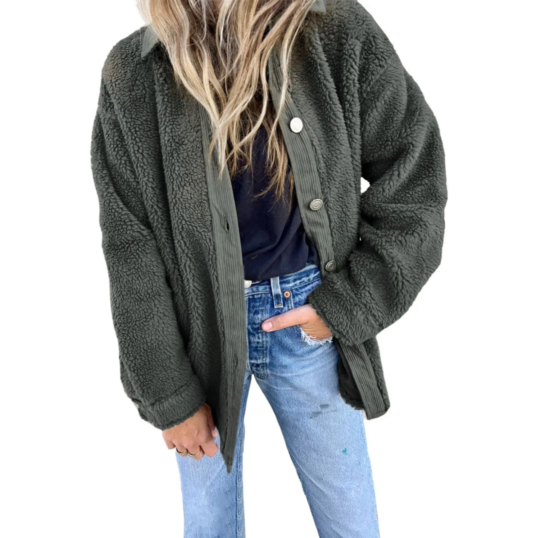 Gray Corduroy Trim Elbow Patch Sherpa Jacket | Fashionfitz