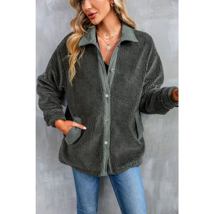 Gray Corduroy Trim Elbow Patch Sherpa Jacket | Fashionfitz