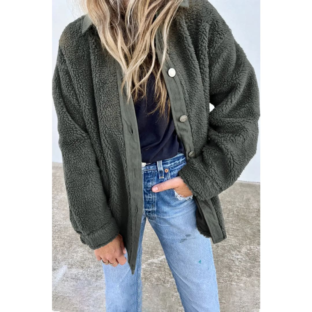 Gray Corduroy Trim Elbow Patch Sherpa Jacket | Fashionfitz