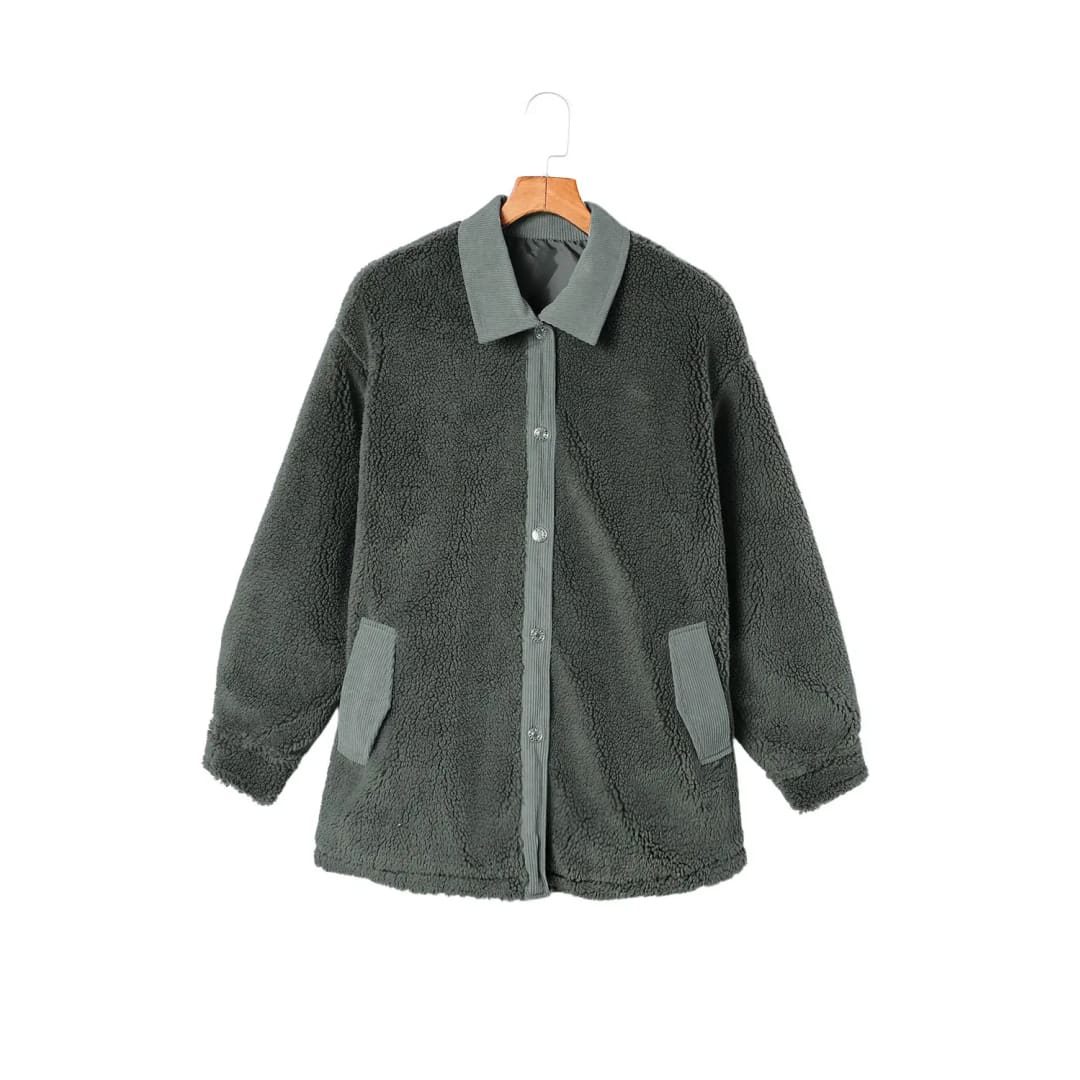 Gray Corduroy Trim Elbow Patch Sherpa Jacket | Fashionfitz