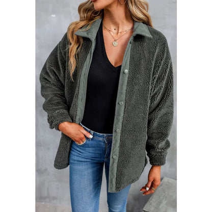 Gray Corduroy Trim Elbow Patch Sherpa Jacket | Fashionfitz