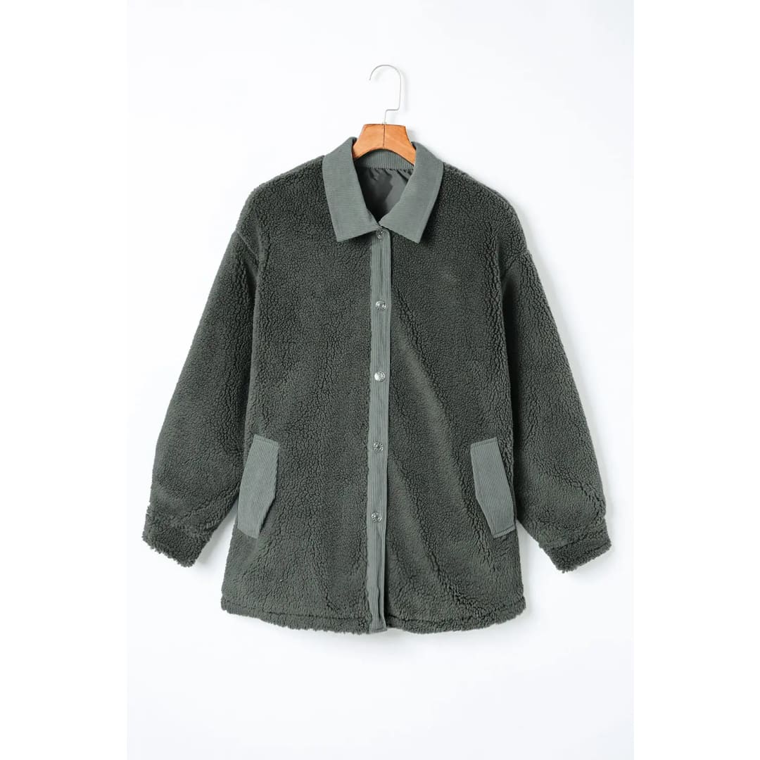 Gray Corduroy Trim Elbow Patch Sherpa Jacket | Fashionfitz