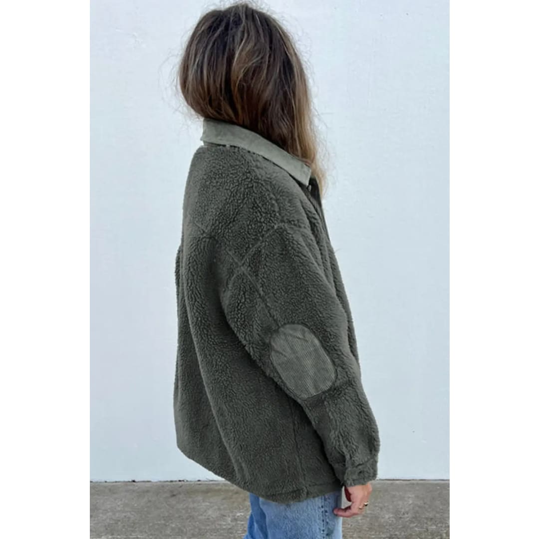 Gray Corduroy Trim Elbow Patch Sherpa Jacket | Fashionfitz