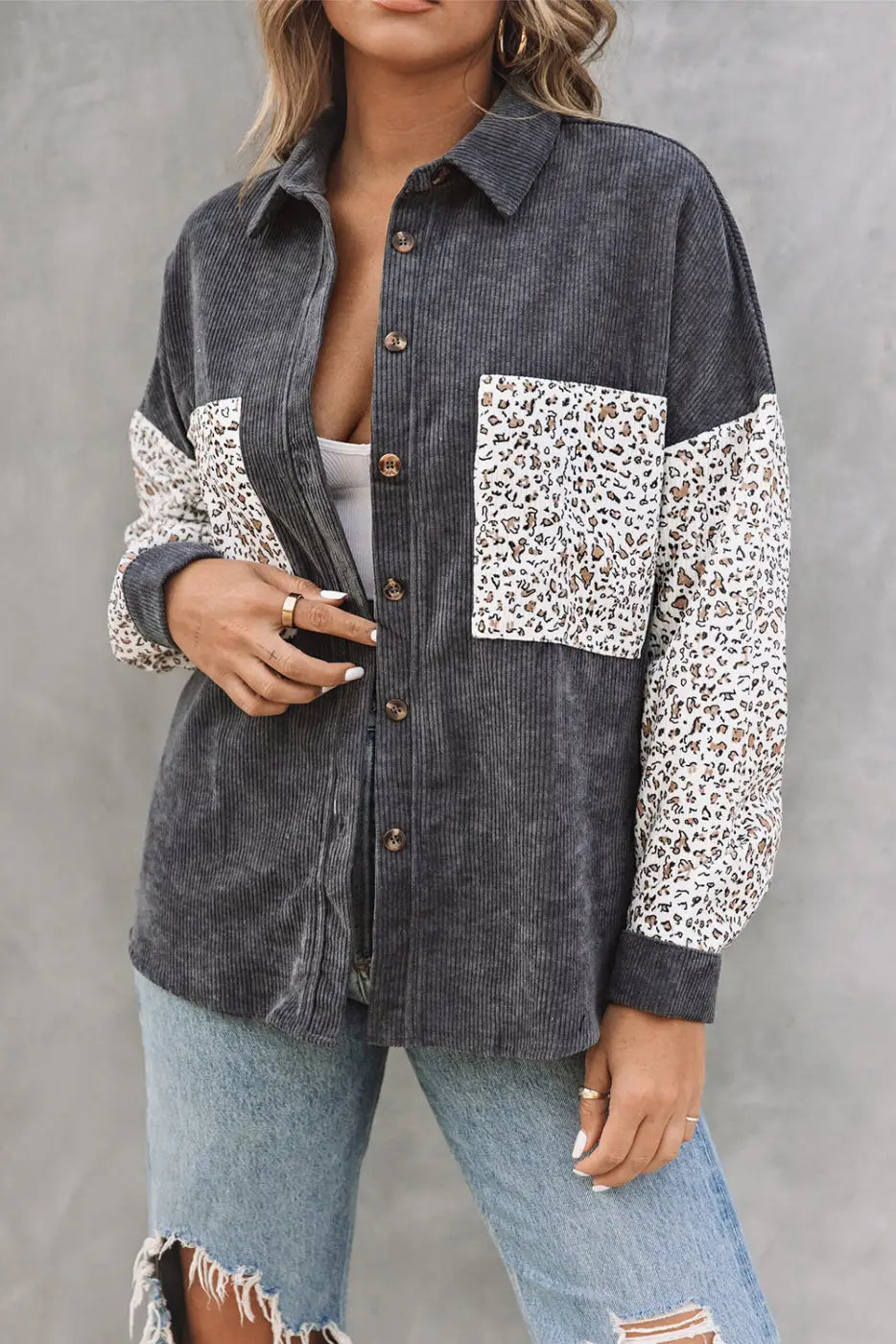 Gray Leopard Patchwork Corduroy Buttoned Shirt Jacket-3