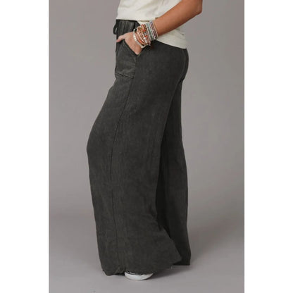 Gray Mineral Washed Drawstring Retro Wide Leg Pants | Fashionfitz