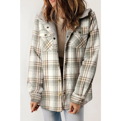Gray Plaid Pattern Sherpa Lined Hooded Shacket | Fashionfitz