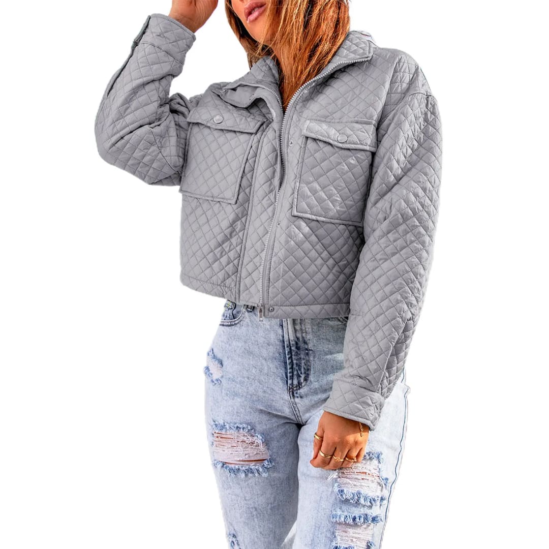 Gray Quilted Pocketed Zip-up Cropped Jacket | Fashionfitz