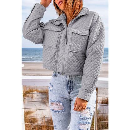 Gray Quilted Pocketed Zip-up Cropped Jacket | Fashionfitz