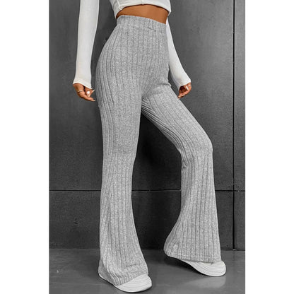 Gray Solid Color High Waist Ribbed Flare Pants | Fashionfitz