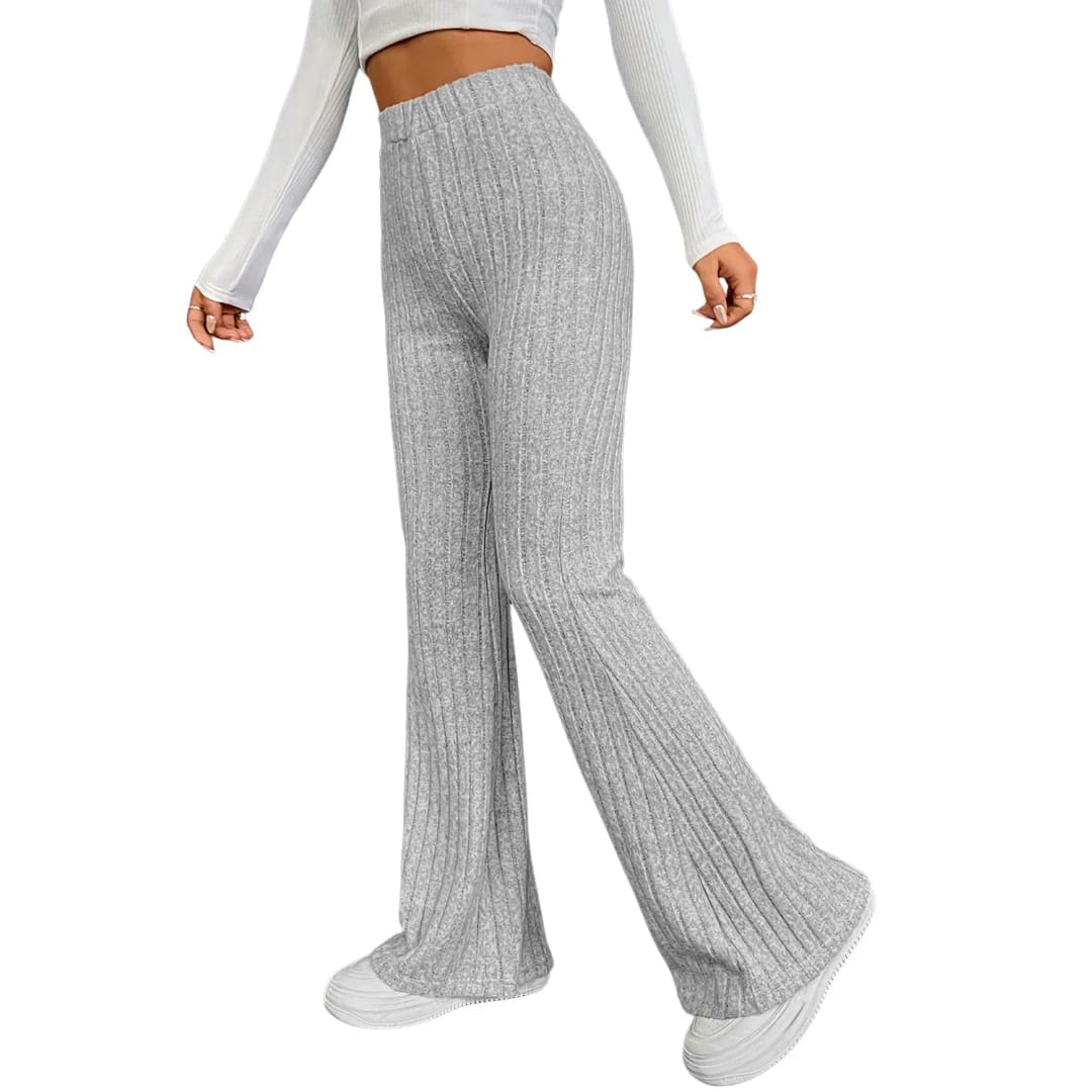 Gray Solid Color High Waist Ribbed Flare Pants | Fashionfitz