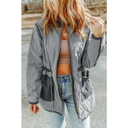 Gray Stitching Quilted Drawstring Jacket | Fashionfitz