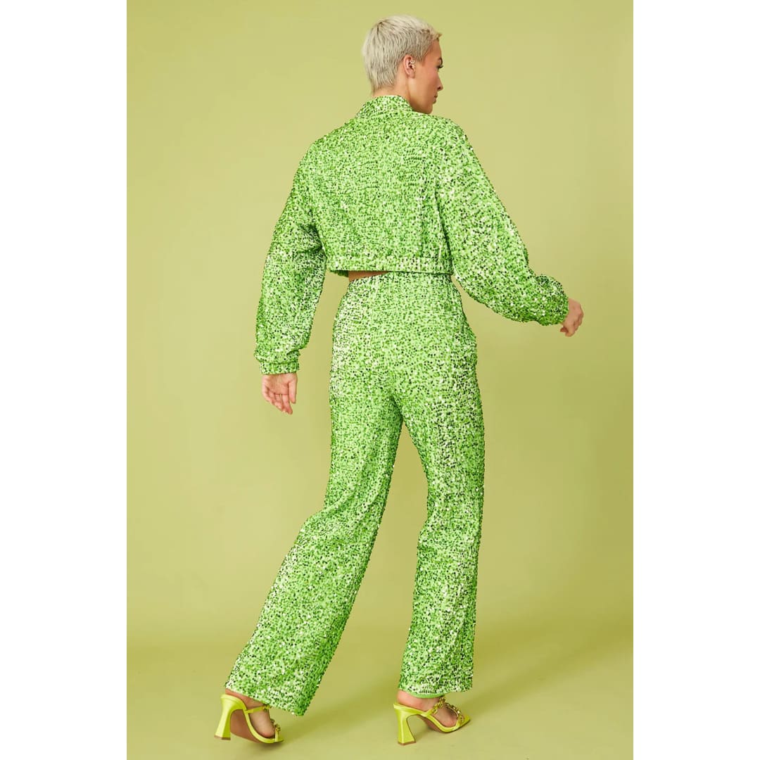 Green Bamboo Blend Sequin Trousers | Buy Me Fur Ltd