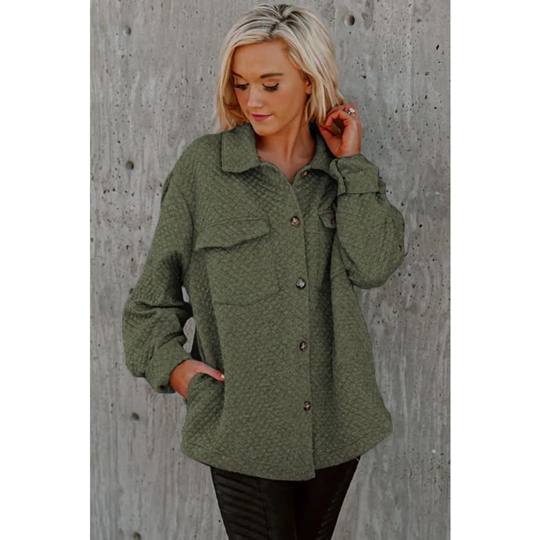 Green Color Block Patchwork Flap Pocket Quilted Shacket | Fashionfitz