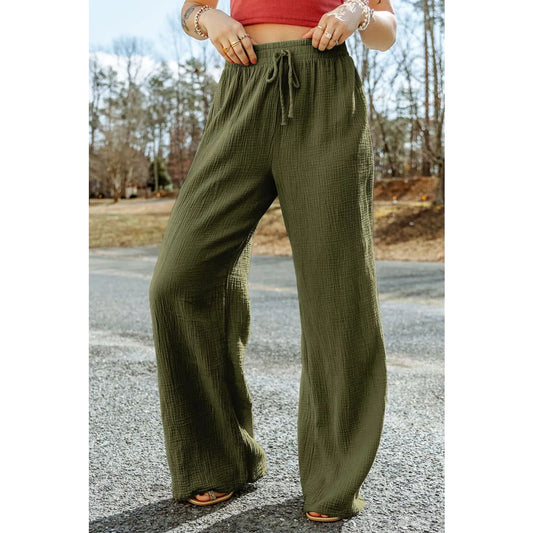 Green Crinkle Textured Wide Leg Pants | Fashionfitz