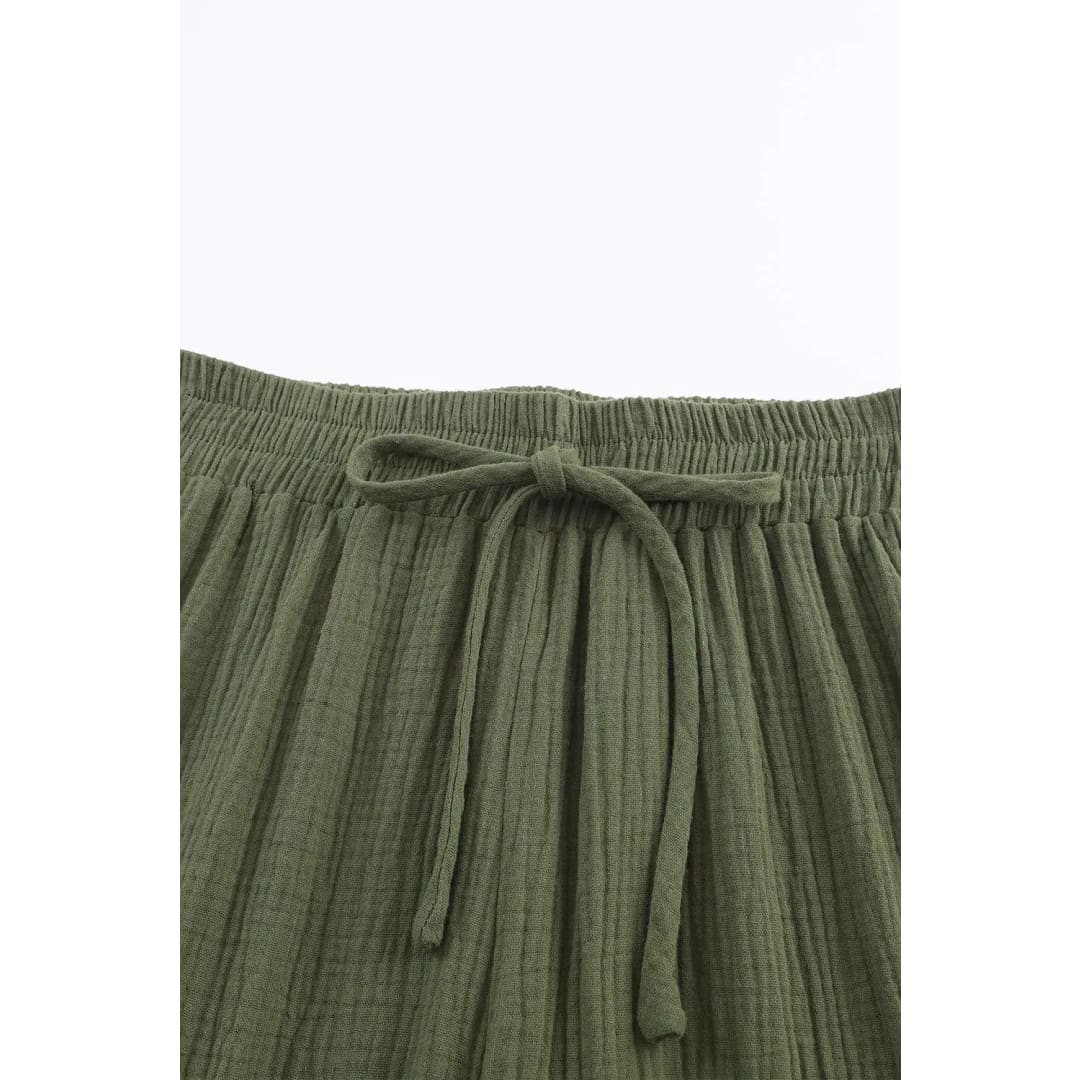 Green Crinkle Textured Wide Leg Pants | Fashionfitz