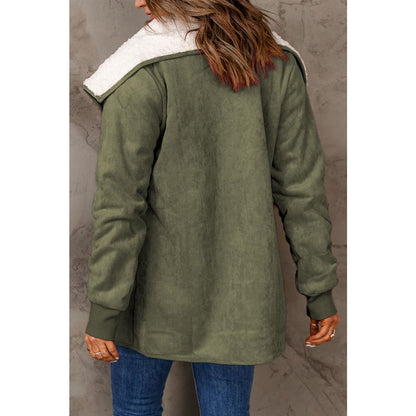 Green Faux Suede Fleece Lined Open Front Jacket | DropshipClothes