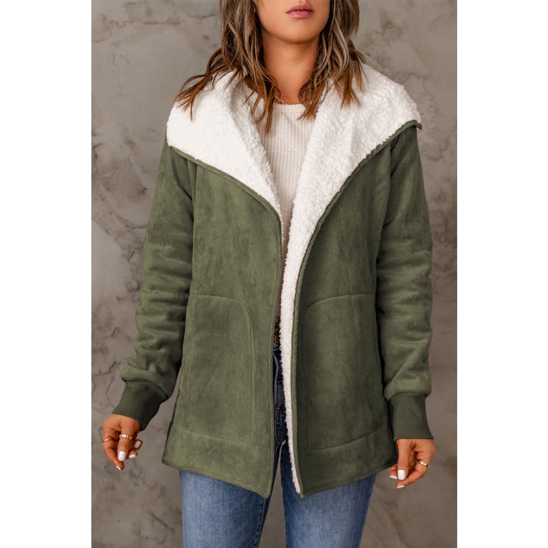 Green Faux Suede Fleece Lined Open Front Jacket | DropshipClothes