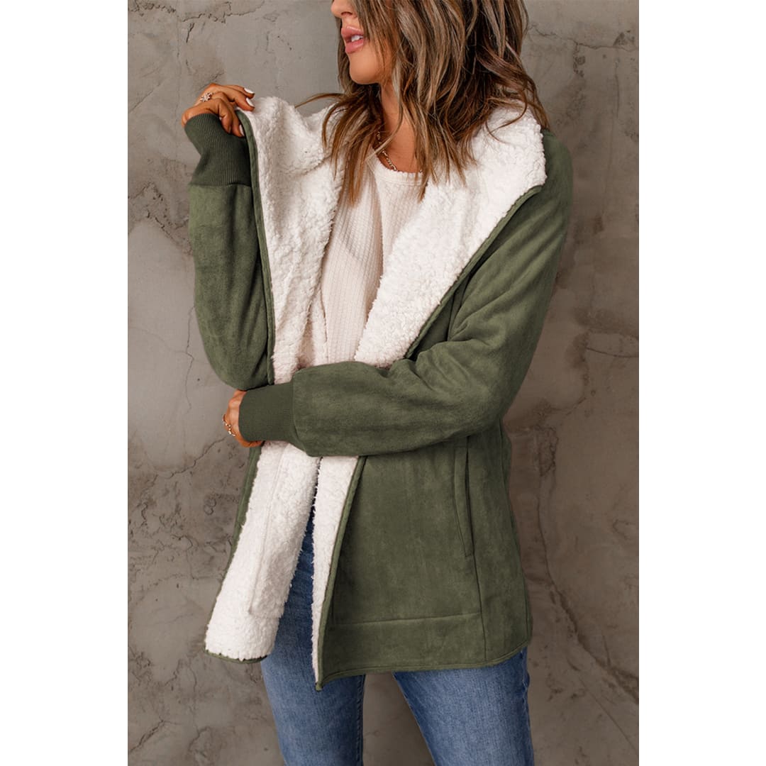 Green Faux Suede Fleece Lined Open Front Jacket | DropshipClothes