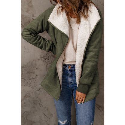 Green Faux Suede Fleece Lined Open Front Jacket | DropshipClothes