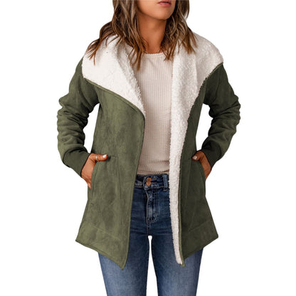 Green Faux Suede Fleece Lined Open Front Jacket | DropshipClothes