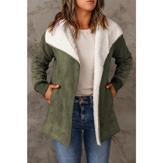 Green Faux Suede Fleece Lined Open Front Jacket | Fashionfitz