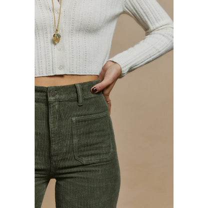 Green High Waist Square Pockets Corduroy Pants | Fashionfitz