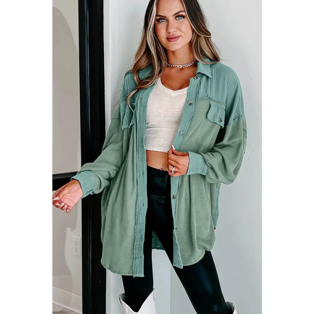 Green Mix Textured Stitching Flap Pocket Tunic Shacket | Fashionfitz