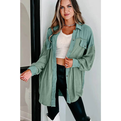 Green Mix Textured Stitching Flap Pocket Tunic Shacket | Fashionfitz