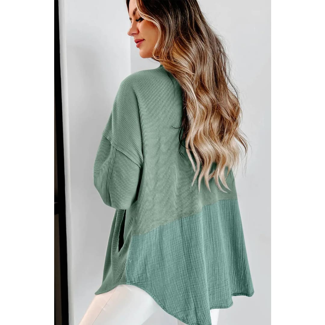 Green Mix Textured Stitching Flap Pocket Tunic Shacket | Fashionfitz