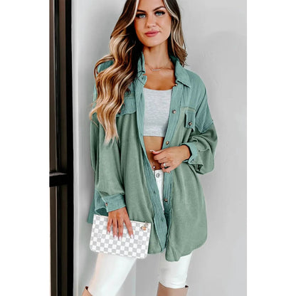 Green Mix Textured Stitching Flap Pocket Tunic Shacket | Fashionfitz