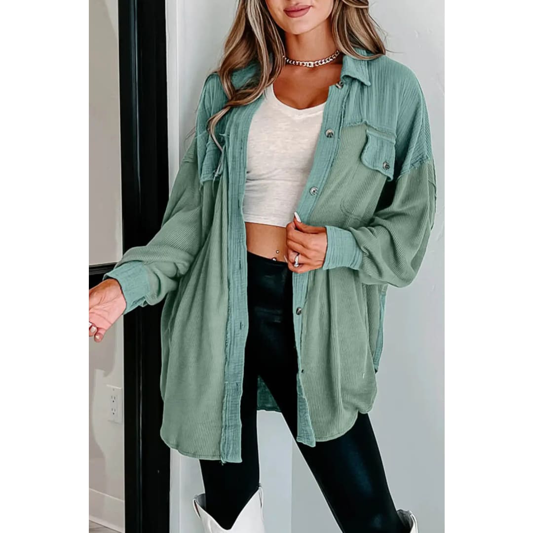 Green Mix Textured Stitching Flap Pocket Tunic Shacket | Fashionfitz