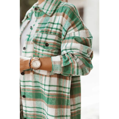 Green Plaid Flap Pocket Long Sleeve Shacket | Fashionfitz