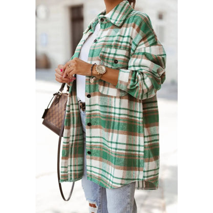 Green Plaid Flap Pocket Long Sleeve Shacket | Fashionfitz