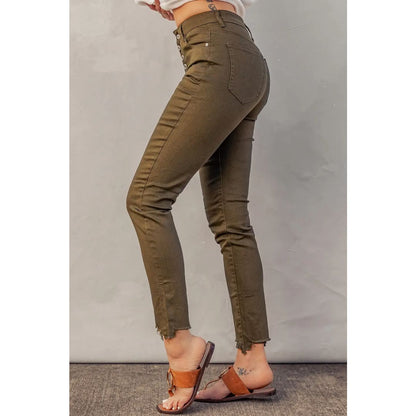 Green Plain High Waist Buttons Frayed Cropped Denim Jeans | Fashionfitz