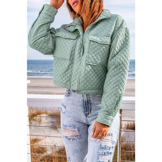 Green Quilted Pocketed Zip-up Cropped Jacket | Fashionfitz