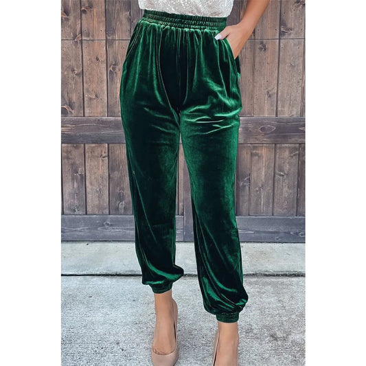 Green Solid Velvet Jogger Pants | Fashionfitz