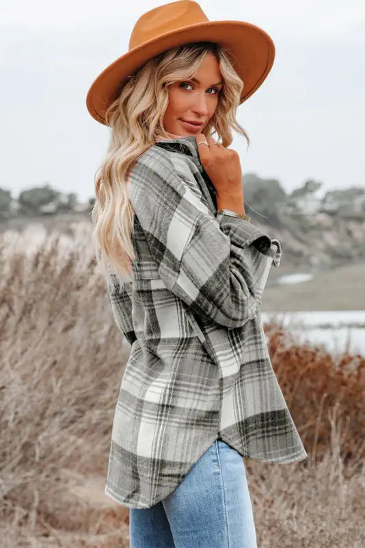 Grey Plaid Shacket - Flap Pockets-2