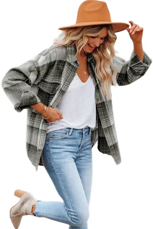 Grey Plaid Shacket - Flap Pockets-4