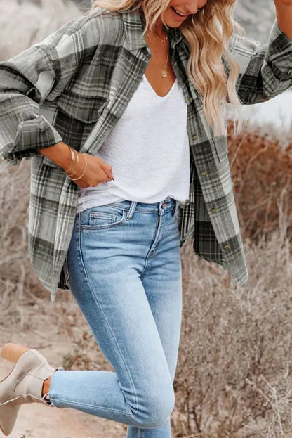 Grey Plaid Shacket - Flap Pockets-0