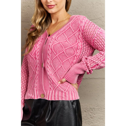 HEYSON Soft Focus Full Size Wash Cable Knit Cardigan in Fuchsia | The Urban Clothing Shop™