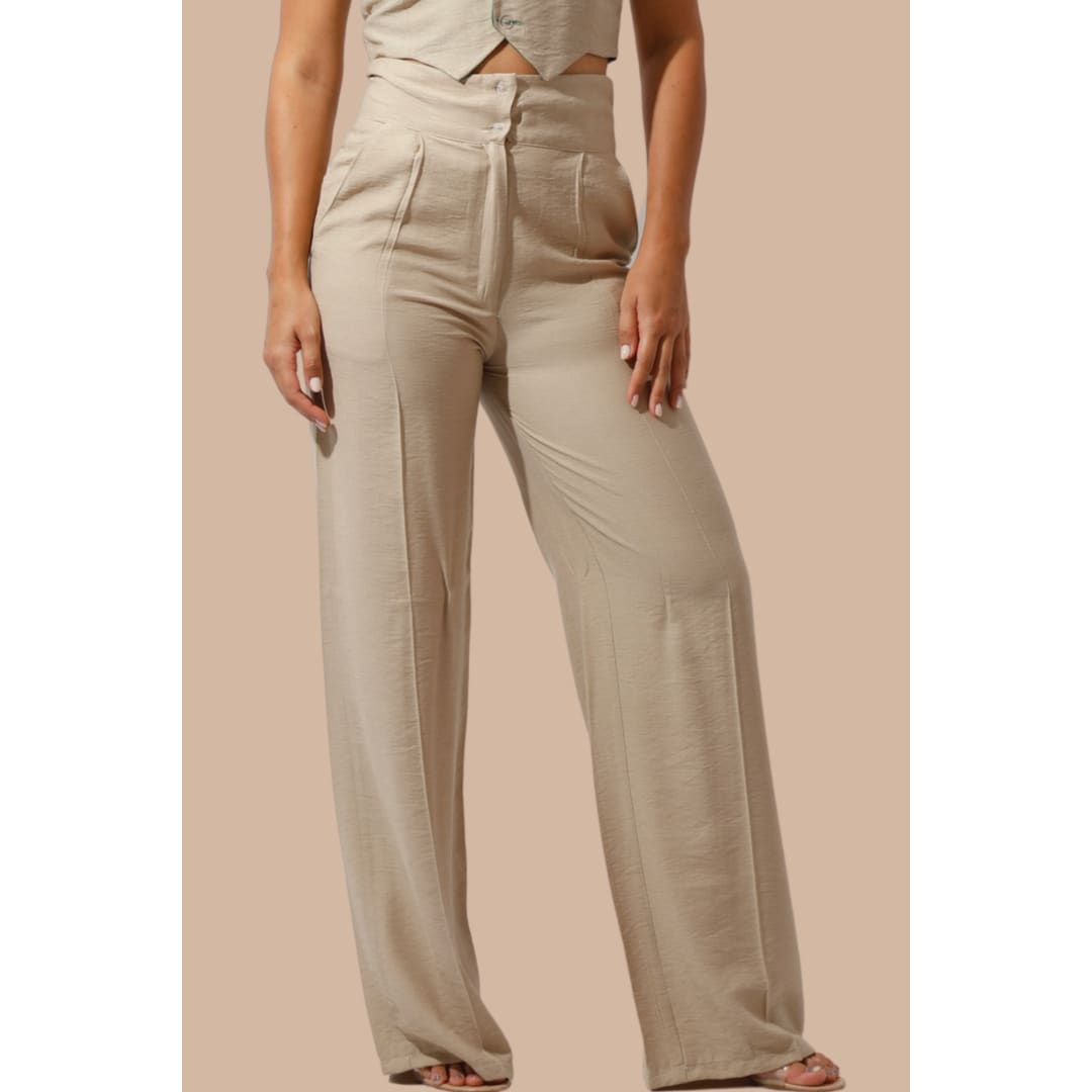 High Waist Linen Pants - Beige | Hushy Wear