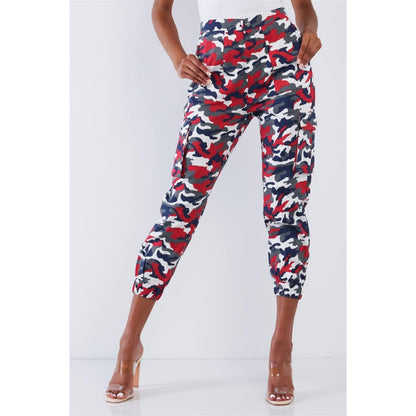 High Waisted Red & White & Blue Camouflage Cargo Jogger Pants | 36 Point 5
