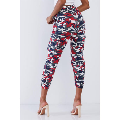 High Waisted Red & White & Blue Camouflage Cargo Jogger Pants | 36 Point 5