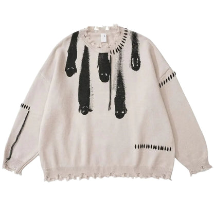 Hip Hop Sweaters Streetwear Y2K Grunge Ripped Ghost Print Punk Gothic Knitted Jumpers