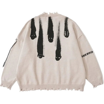 Hip Hop Sweaters Streetwear Y2K Grunge Ripped Ghost Print Punk Gothic Knitted Jumpers