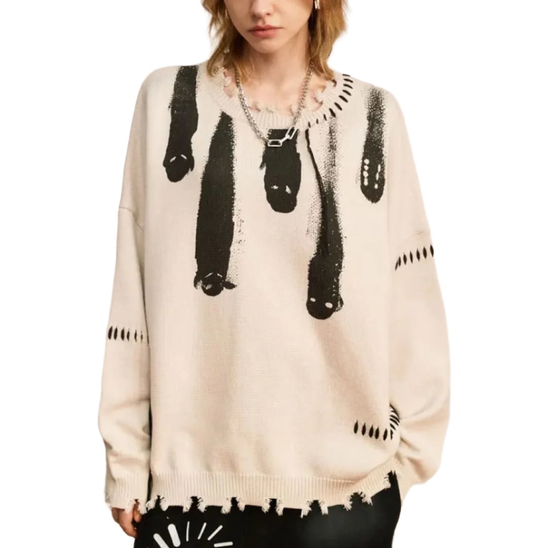 Hip Hop Sweaters Streetwear Y2K Grunge Ripped Ghost Print Punk Gothic Knitted Jumpers