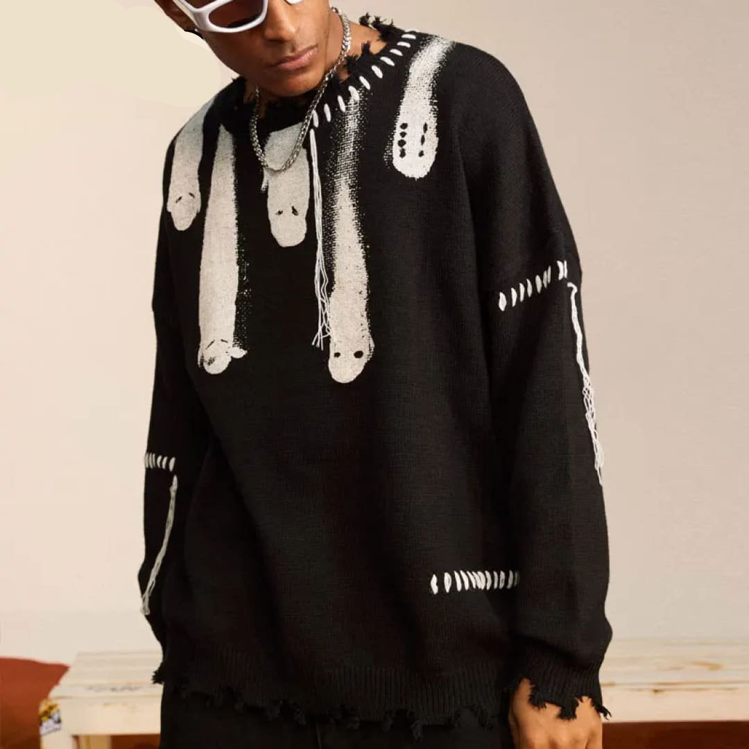 Hip Hop Sweaters Streetwear Y2K Grunge Ripped Ghost Print Punk Gothic Knitted Jumpers