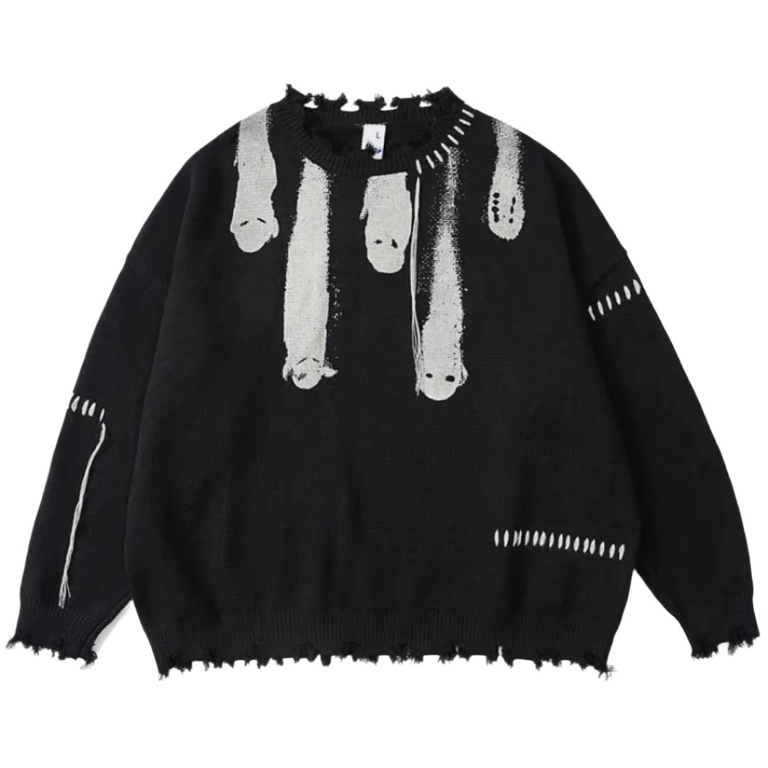 Hip Hop Sweaters Streetwear Y2K Grunge Ripped Ghost Print Punk Gothic Knitted Jumpers