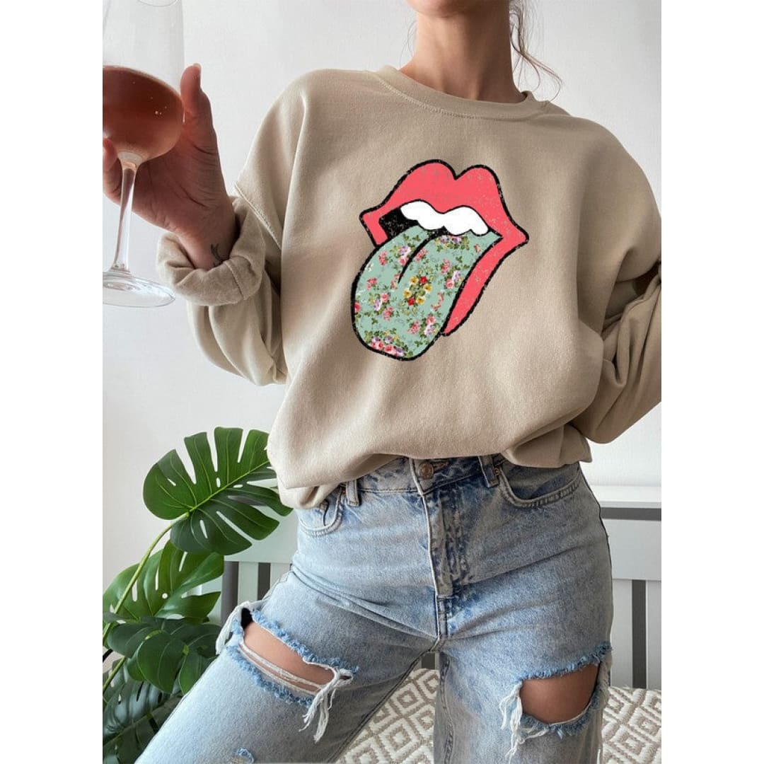 Hippie Floral Tongue Sweat Shirt | Merchmallow